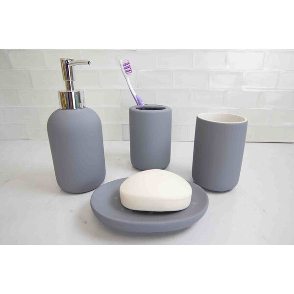 Home Basic 4 Piece Rubberized Ceramic Bath Accessory Set, Grey